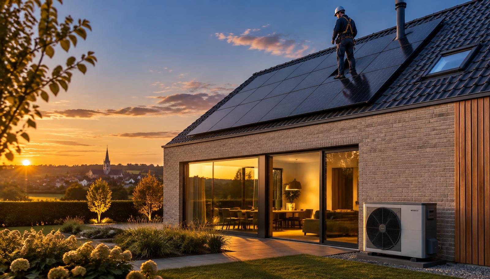 Vakman op een dak met zonnepanelen en een warmtepomp bij een moderne woning